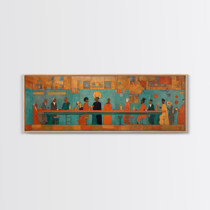 Turquoise Orange Social Gathering Wall Art, African Lounge Scene Canvas Print, Modern Afrocentric Decor For Home And Office