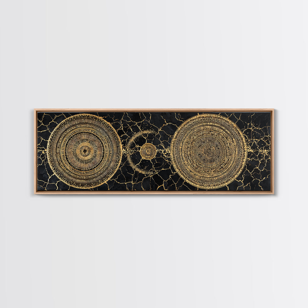 Gold Celestial Mandala Circles On Black Stone Wall Art, Abstract Wall Art, Luxury Canvas Print, Modern Home Decor, Statement Wall Decor