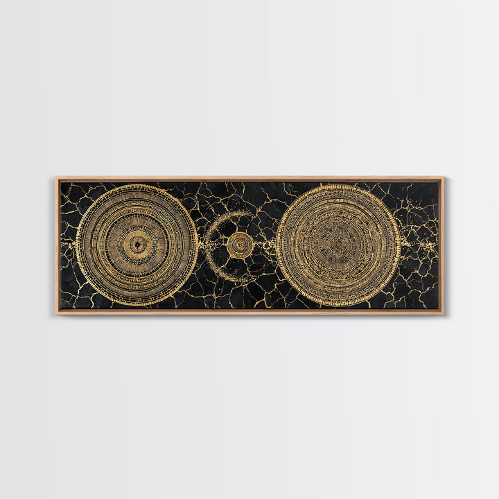 Gold Celestial Mandala Circles On Black Stone Wall Art, Abstract Wall Art, Luxury Canvas Print, Modern Home Decor, Statement Wall Decor