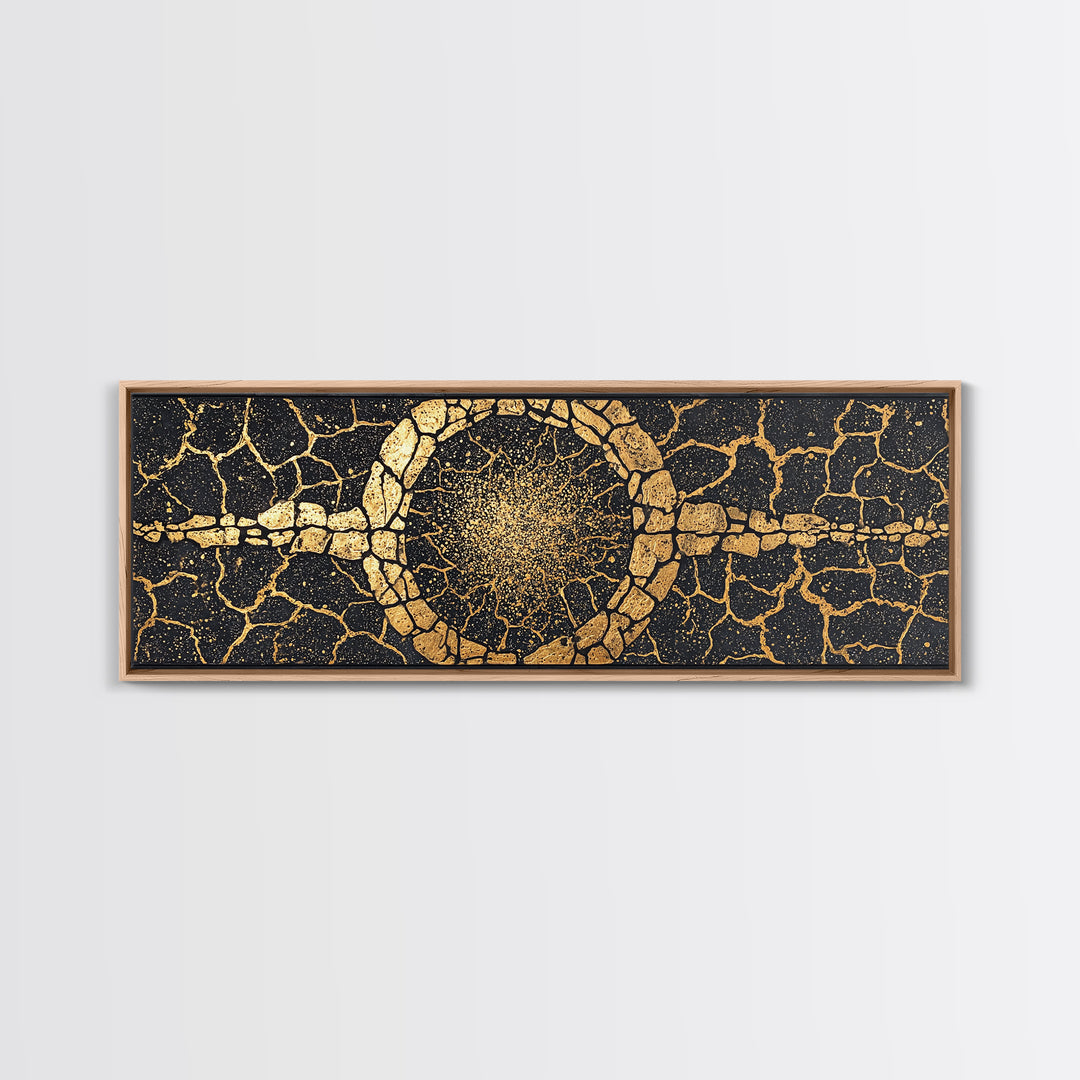 Gold Cracked Stone Circle With Cosmic Spark Wall Art, Abstract Black Art Canvas Print, Textured Modern Wall Decor, Statement Decor