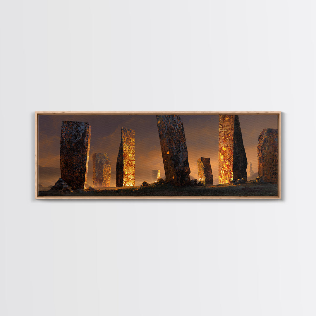 Glowing Ancient Monoliths In Desert Sunset Framed Canvas Print, Mystical Wall Art, Fantasy Ruins Decor, Large Wall Decor