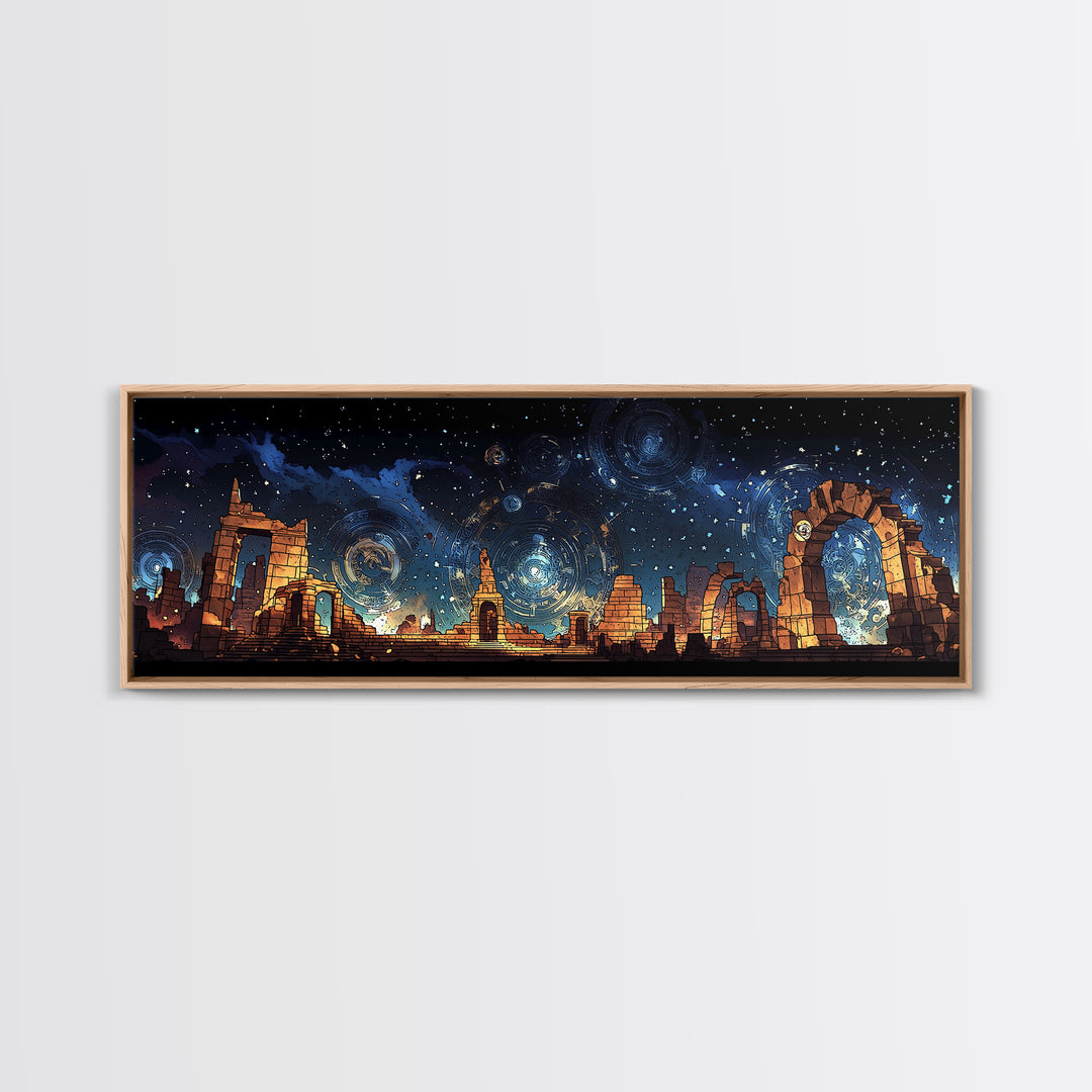 Starry Temple Ruins With Blue Gold Celestial Sky Wall Art, Framed Canvas Print, Mystical Decor, Large Statement Wall Decor