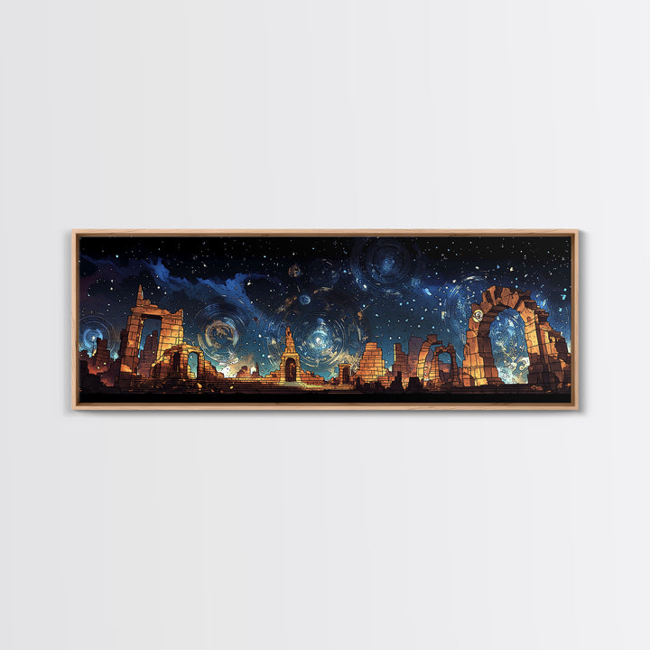 Starry Temple Ruins With Blue Gold Celestial Sky Wall Art, Framed Canvas Print, Mystical Decor, Large Statement Wall Decor