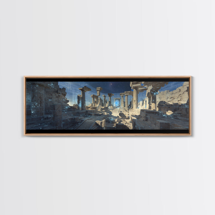 Blue Futuristic Column Ruins With Digital Grid Canvas Print, Modern Wall Art, Sci Fi Office Decor, Large Wall Decor, Unique Home Decor