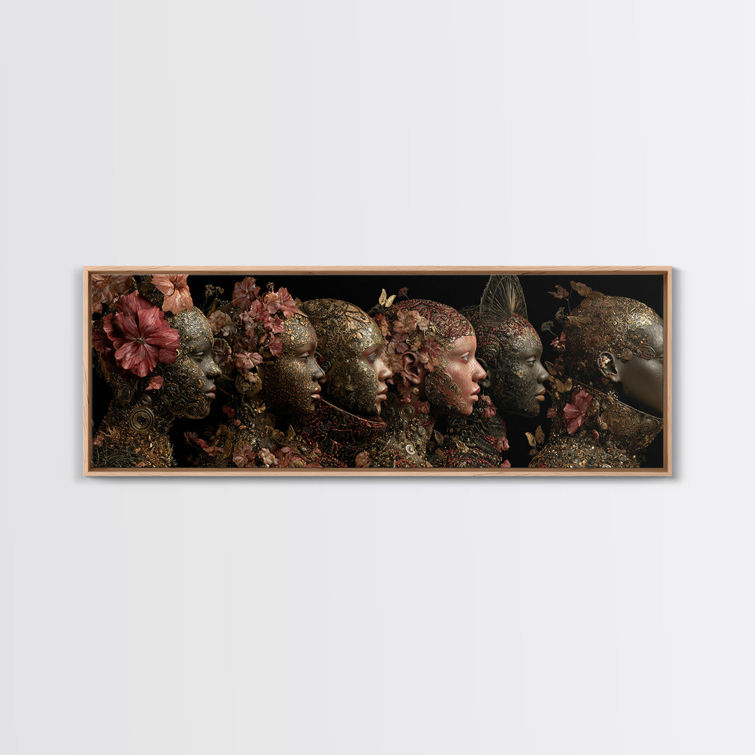 Black Goddess Floral Portrait Wall Art, Elegant Women Canvas Print, Afrocentric Luxury Decor, Dark Botanical Gift For Her