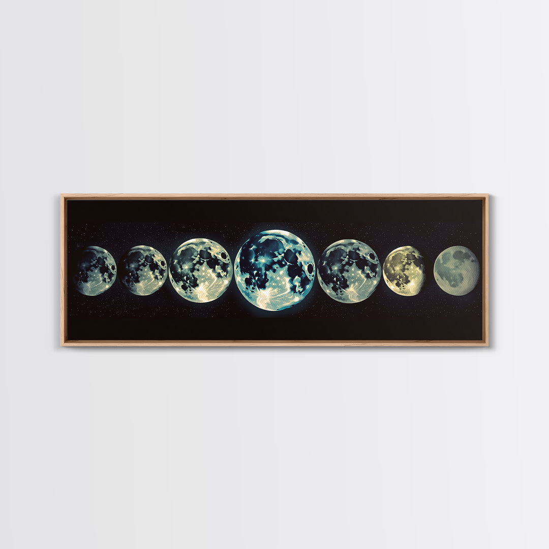 Glowing Moon Phases Canvas Print, Celestial Wall Art, Black Art Print, Dreamy Wall Art, Bedroom Wall Decor, Unique Gift, Poster
