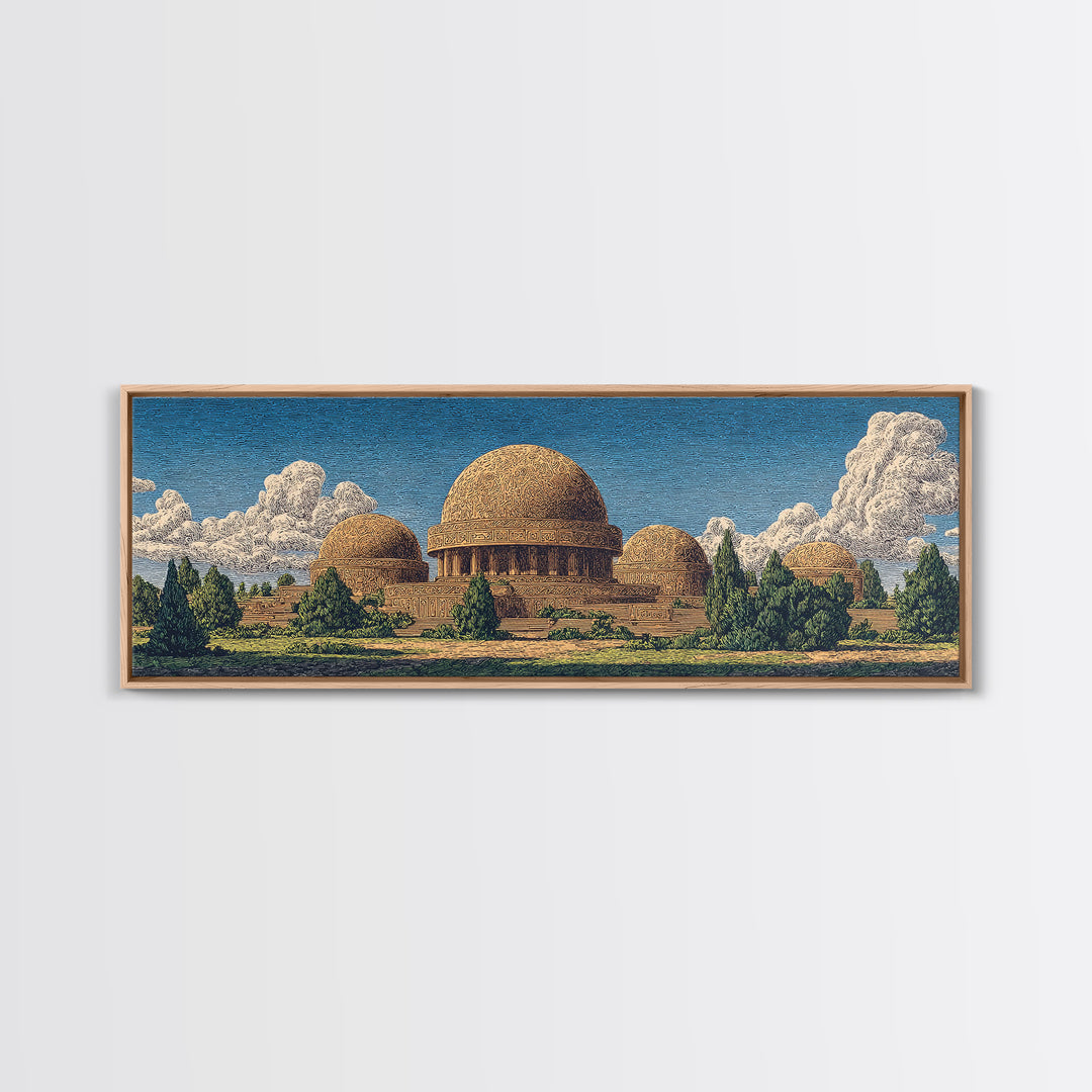 Afrofuturist Domed Village Mountains Wall Art, African Inspired Architecture Canvas Print, Teal Landscape Home Decor Gift