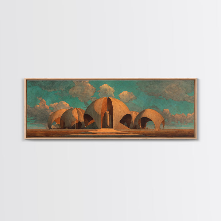 Desert Earthen Dome Sanctuary Framed Canvas Print, African Inspired Architecture Wall Art, Boho Earth Tone Home Decor Gift