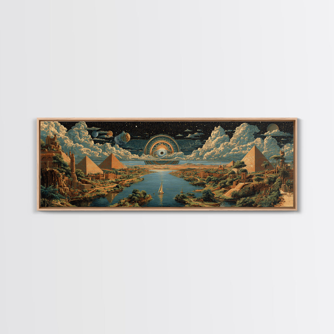 Surreal Egyptian Pyramids And Cosmic Eye Canvas Print African Landscape Art Ancient Egypt Wall Decor Mystical Travel Poster