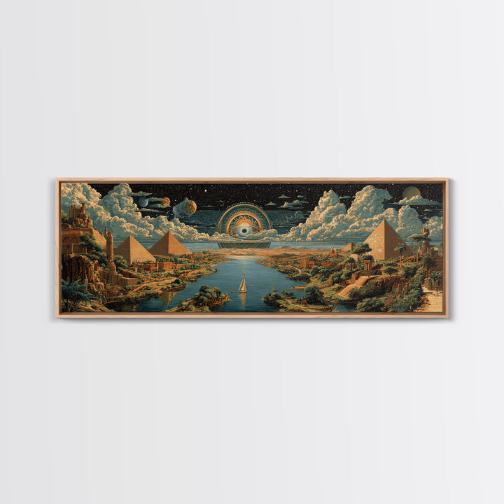 Surreal Egyptian Pyramids And Cosmic Eye Canvas Print African Landscape Art Ancient Egypt Wall Decor Mystical Travel Poster