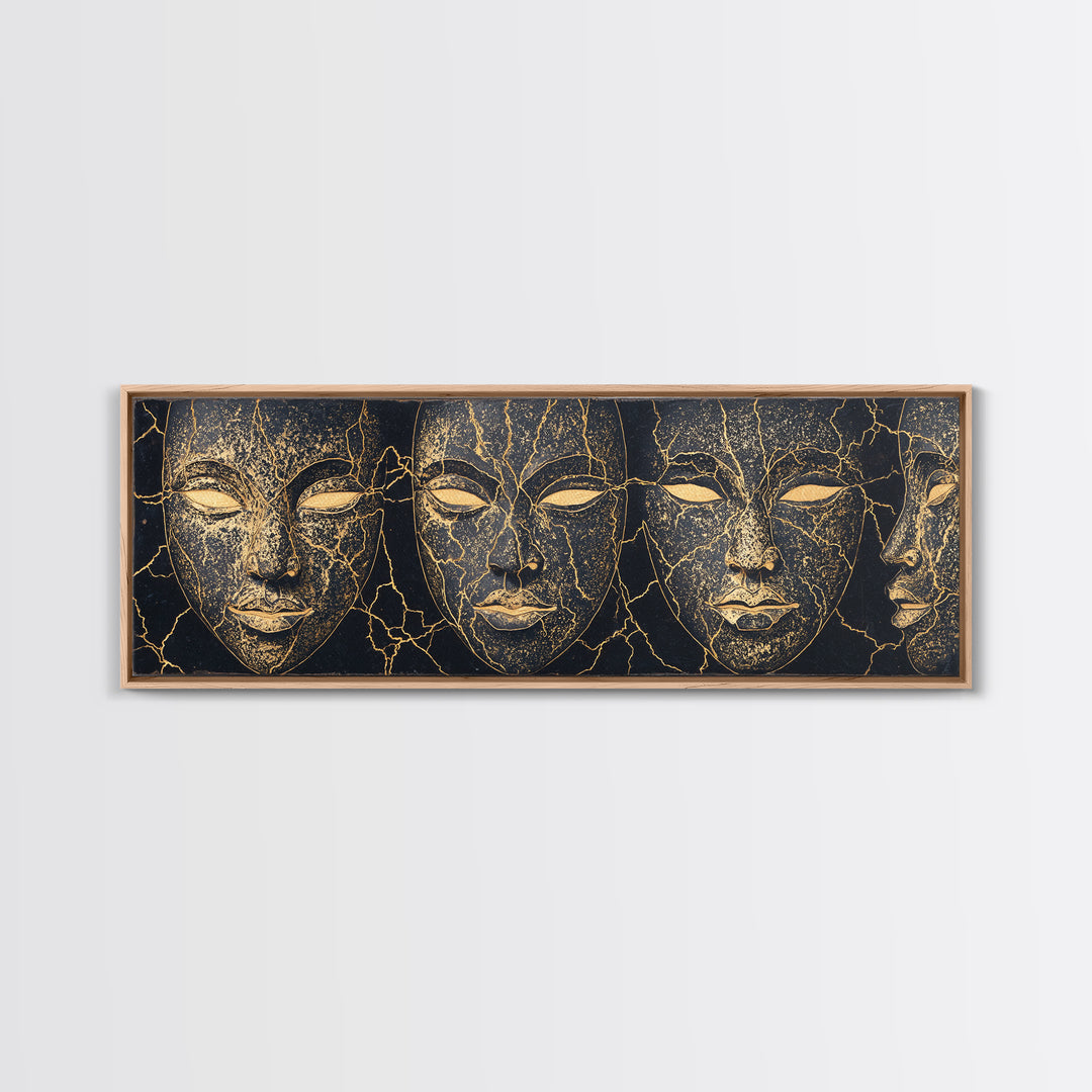 Black And Gold Cracked Mask Faces Framed Canvas Print, African Tribal Art, Elegant Afrocentric Wall Decor, Luxury Home Decor