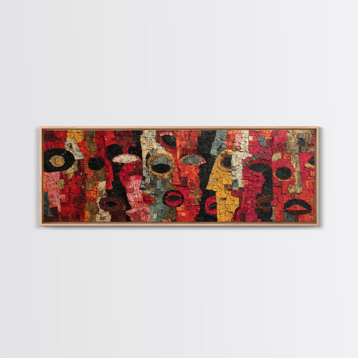 Red Mosaic Tribal Mask Faces Wall Art, Abstract African Art Decor, Bold Cultural Canvas Print, Vibrant Ethnic Home Decor