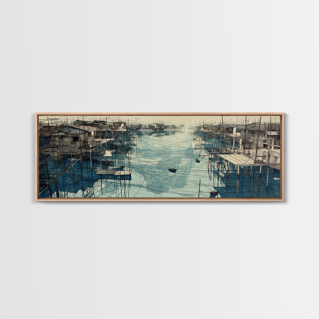 Rustic Stilt Fishing Village Harbor Wall Art, Blue Coastal Landscape Canvas Print, Nautical Decor, Large Living Room Art