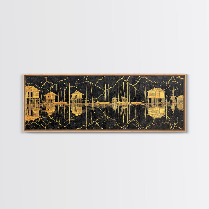Gold Stilt Hut Reflections On Black Wall Art, Abstract Coastal Canvas Print, Luxury Modern Decor, Statement Living Room Art