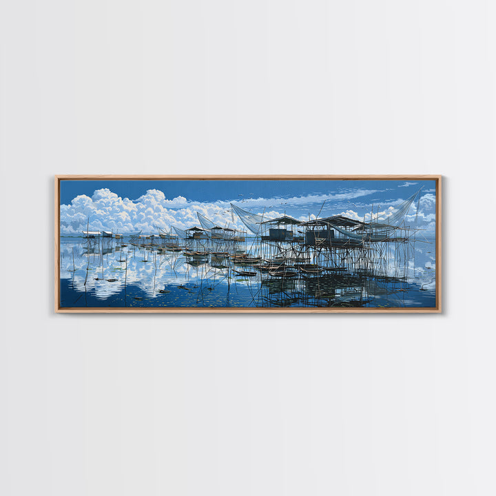 Blue Stilt Fishing Village Panorama Wall Art, Coastal Canvas Print, Bright Seascape Decor, Large Nautical Living Room Art