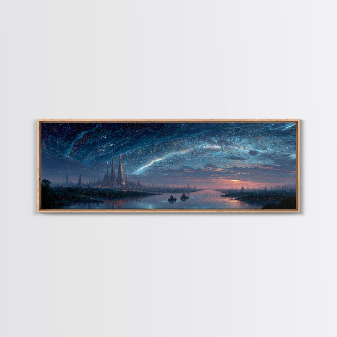 Starry Night River City Skyline Wall Art, Blue Fantasy Canvas Print, Dreamy Galaxy Decor, Large Modern Living Room Art Print
