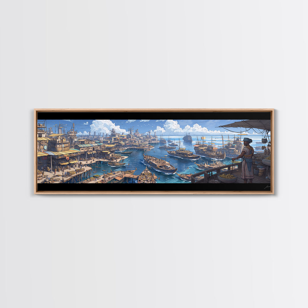 Busting Coastal Canal Market Panorama Wall Art, Blue Harbor Canvas Print, Mediterranean Style Decor, Large Living Room Art