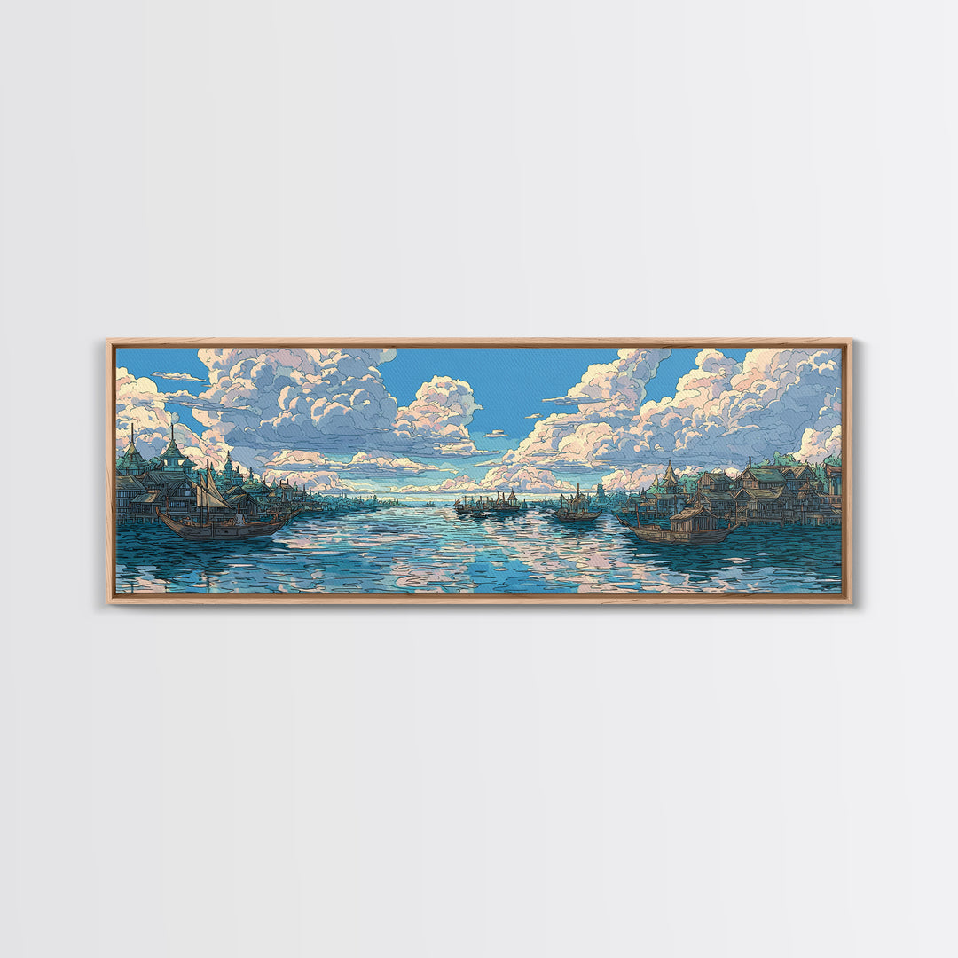 Cloud Filled Harbor Village And Calm Sea Wall Art, Pastel Blue Canvas Print, Coastal Home Decor, Large Living Room Art Print