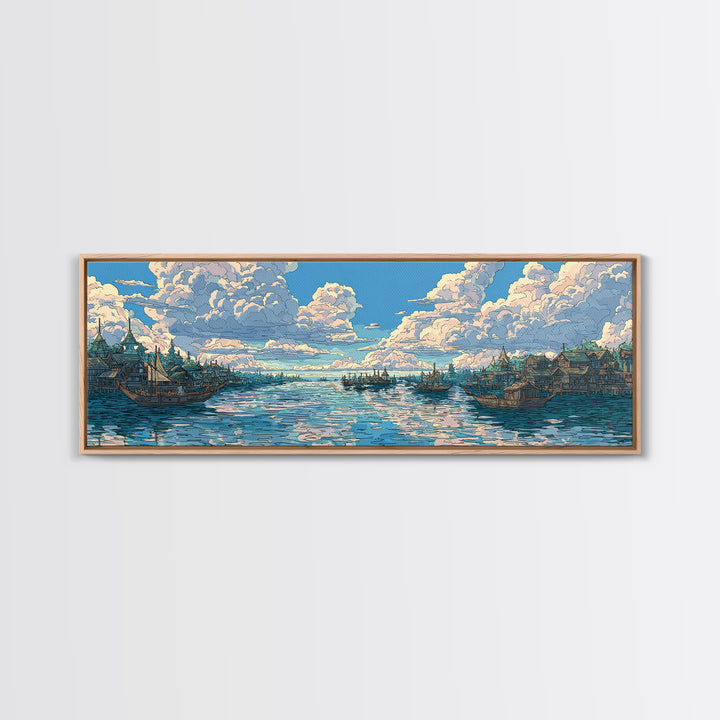 Cloud Filled Harbor Village And Calm Sea Wall Art, Pastel Blue Canvas Print, Coastal Home Decor, Large Living Room Art Print