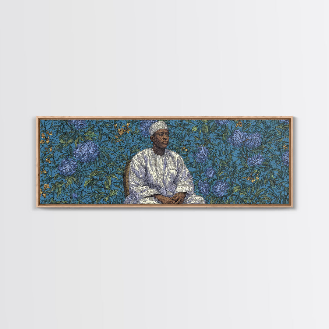Contemplative African Man Floral Portrait Wall Art, Blue Botanical Pattern, Cultural Framed Canvas Print, Elegant Home Decor