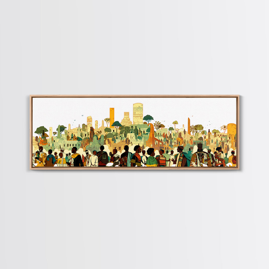 Afrofuturist African City Crowd With Skyline Wall Art, Modern African Art Print, Black Culture Decor, Urban Living Room Gift