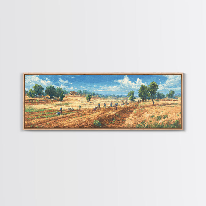 Rural African Farmers Working Golden Fields Wall Art, African Landscape Canvas Print, Safari Decor, Nature Painting Gift