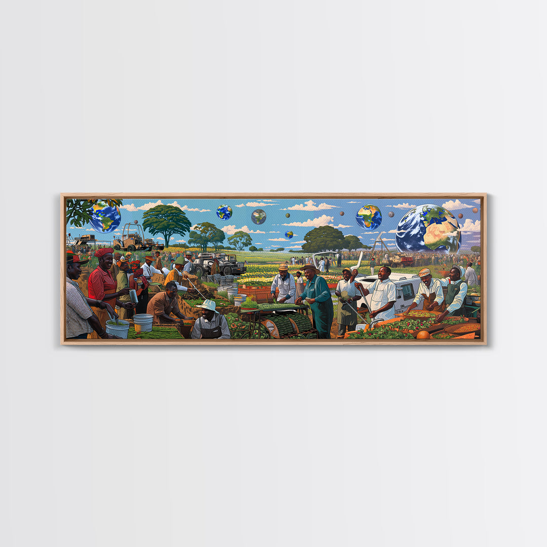 Futuristic African Farmers And Market Globes Canvas Print, Afrocentric Wall Art, Black Culture Decor, Vibrant Living Room Gift