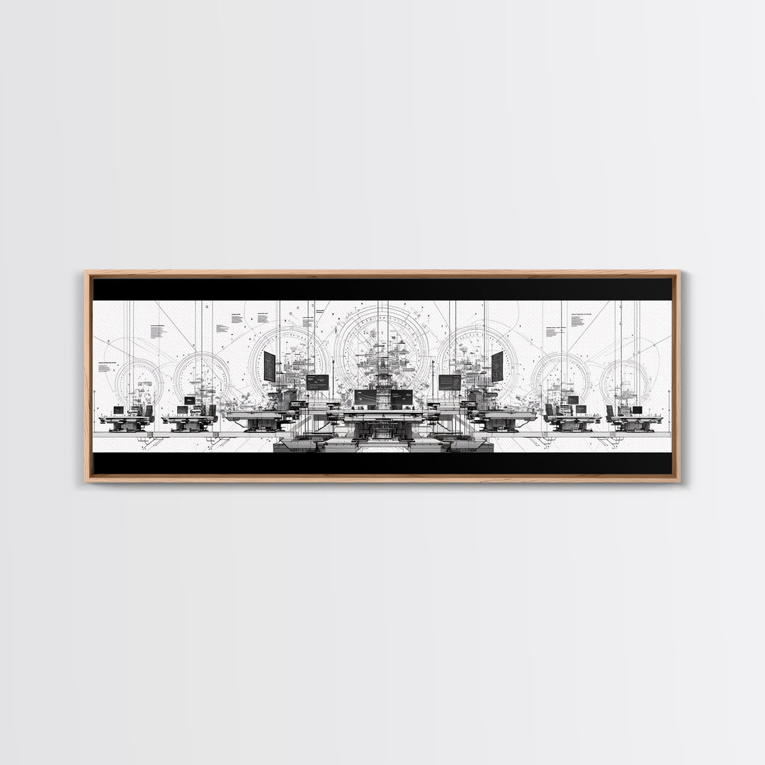 Black White Futuristic Control Room Framed Canvas Print, Modern Wall Art, Office Decor, Geometric Schematic Tech Art Gift