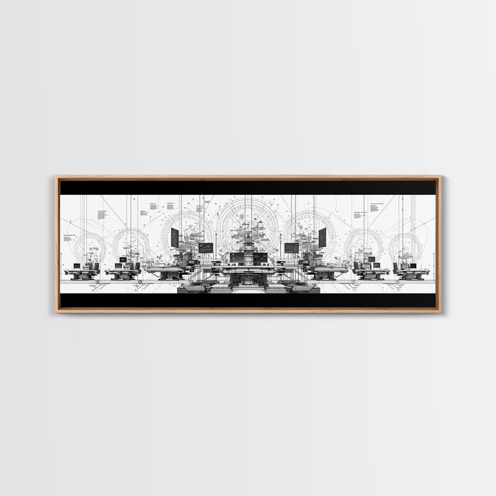 Black White Futuristic Control Room Framed Canvas Print, Modern Wall Art, Office Decor, Geometric Schematic Tech Art Gift