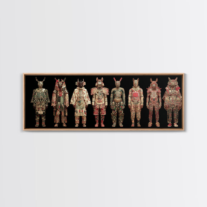 Ornate Masked African Warrior Lineup Canvas Print, African Tribal Art, African Mask Art, Bold Home Decor, Cultural Wall Art