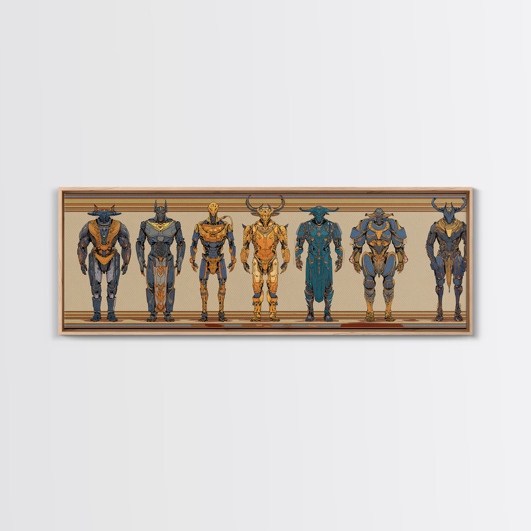 Horned Mythic Armored Warriors Framed Canvas Print, African Warrior Art, Tribal Art Decor, Modern African Art, Bold Wall Decor