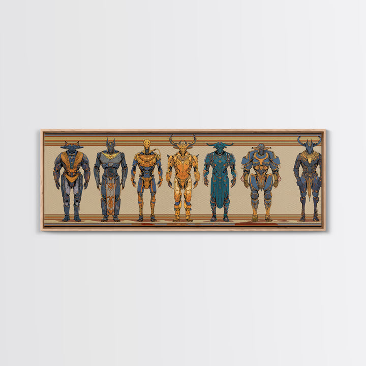 Horned Mythic Armored Warriors Framed Canvas Print, African Warrior Art, Tribal Art Decor, Modern African Art, Bold Wall Decor