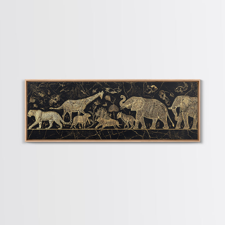 Gold Safari Animals On Black Wall Art, African Elephant, African Giraffes, Jungle African, Luxury Canvas Art, Safari Decor