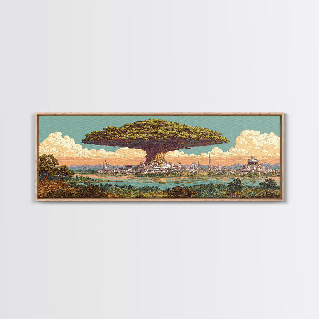 Floating Baobab Over African Lagoon Canvas Print, Fantasy Afrocentric Landscape, Serengeti Wall Decor, Nature Gift, Housewarming Gift