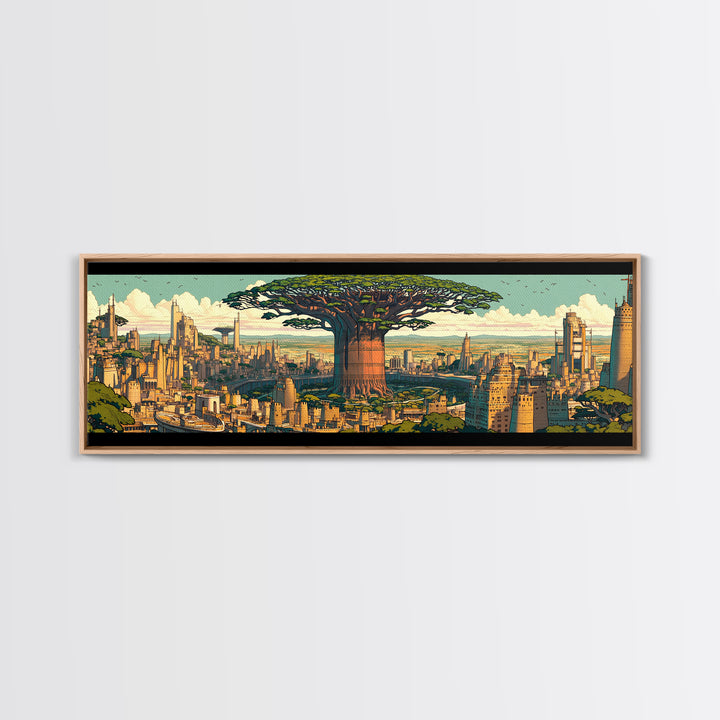 Colossal Baobab In Golden Futuristic City Framed Canvas Print, African Wall Art, Modern Afrocentric Office Decor, Large Statement Piece