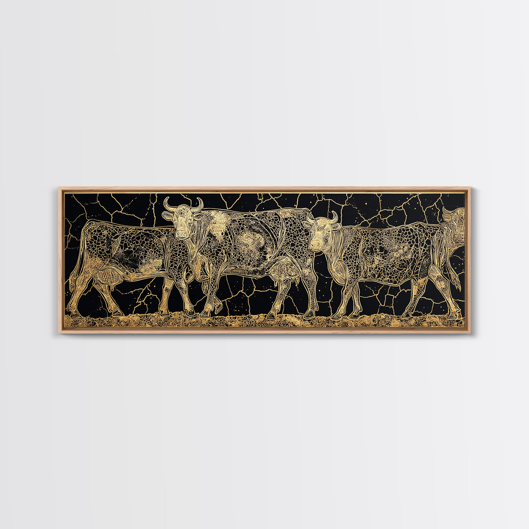 Gold Engraved African Cattle Herd Canvas Print, Black And Gold Safari Animal Art, Rustic Farmhouse Wall Decor Gift For Him