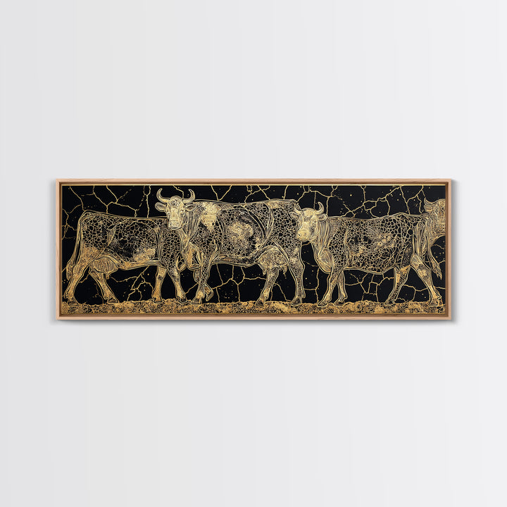 Gold Engraved African Cattle Herd Canvas Print, Black And Gold Safari Animal Art, Rustic Farmhouse Wall Decor Gift For Him