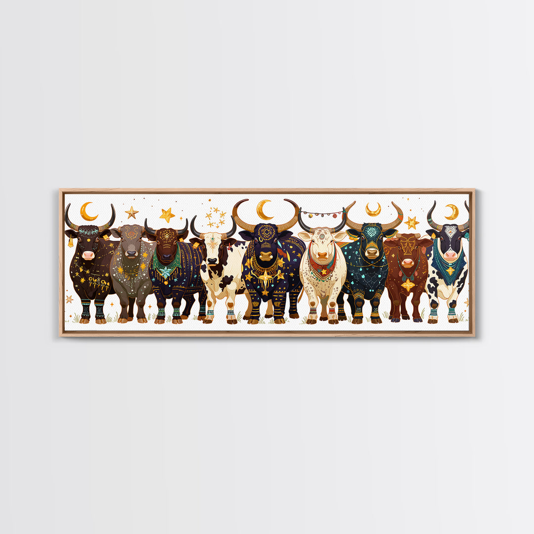 Celestial Boho African Bulls With Moon Charms Canvas Print, Colorful Safari Animal Wall Decor, Afrocentric Housewarming Gift