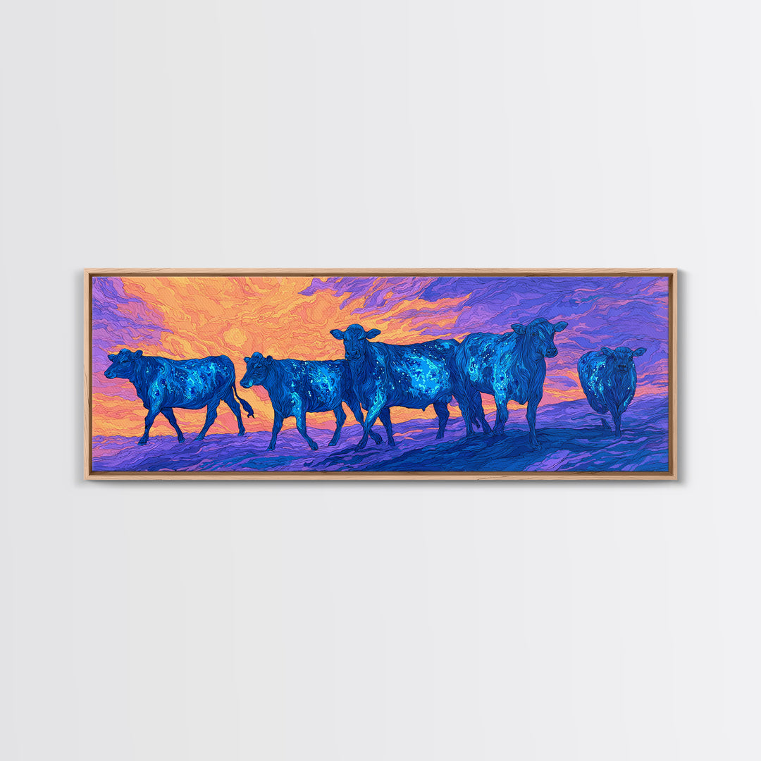 Blue Cattle Herd Walking At Sunset Wall Art, Colorful African Safari Animal Print, Dreamy Landscape Canvas Decor, Living Room Gift