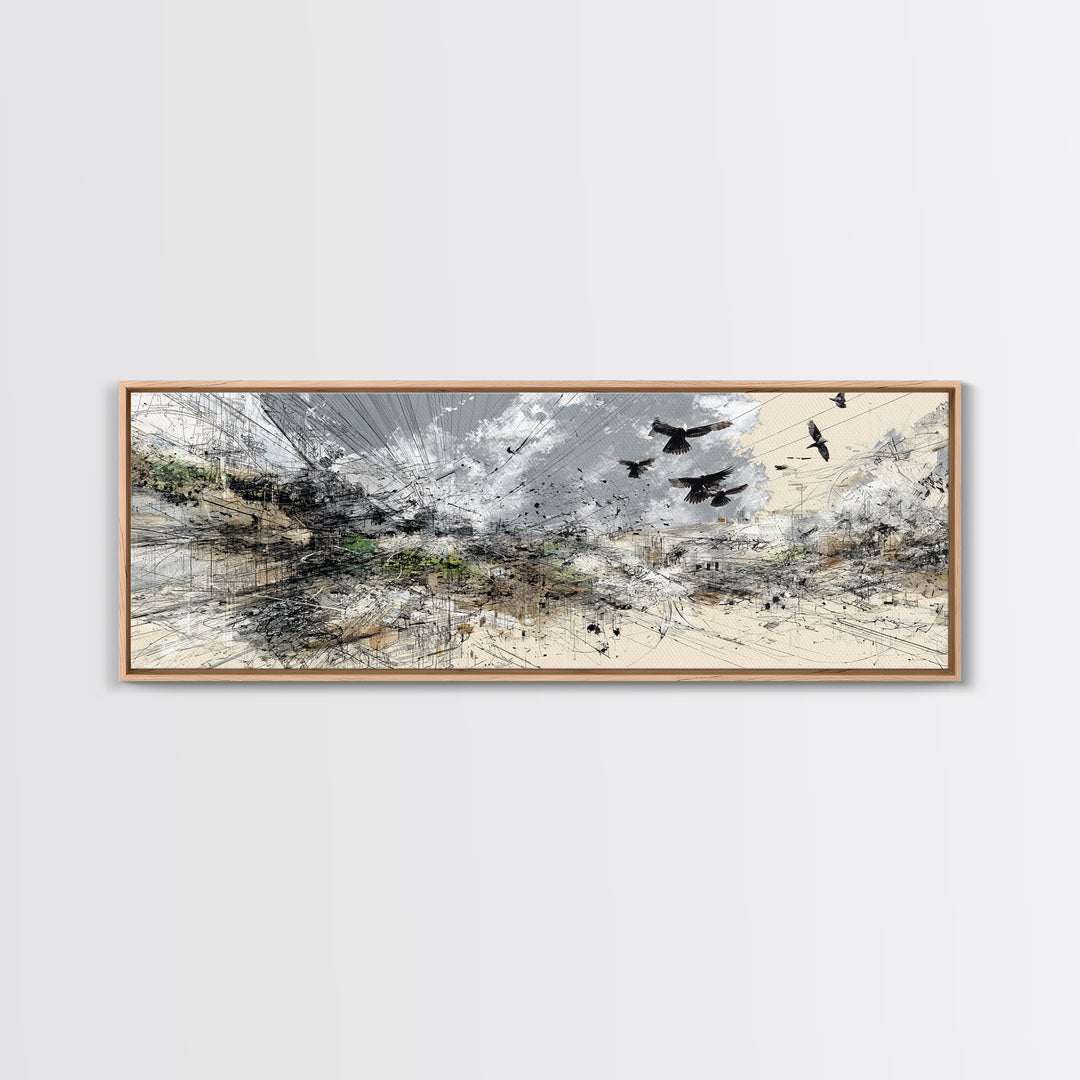 Stormy Abstract Birds Over Desert Horizon Wall Art, Modern African Inspired Landscape, Neutral Boho Large Canvas Decor Print