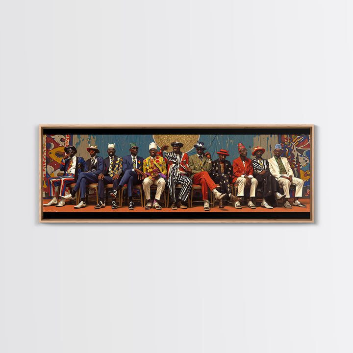 Seated African Dandy Chiefs In Colorful Suits Framed Canvas Print, Afrocentric Wall Decor, Black Culture Statement Art Gift