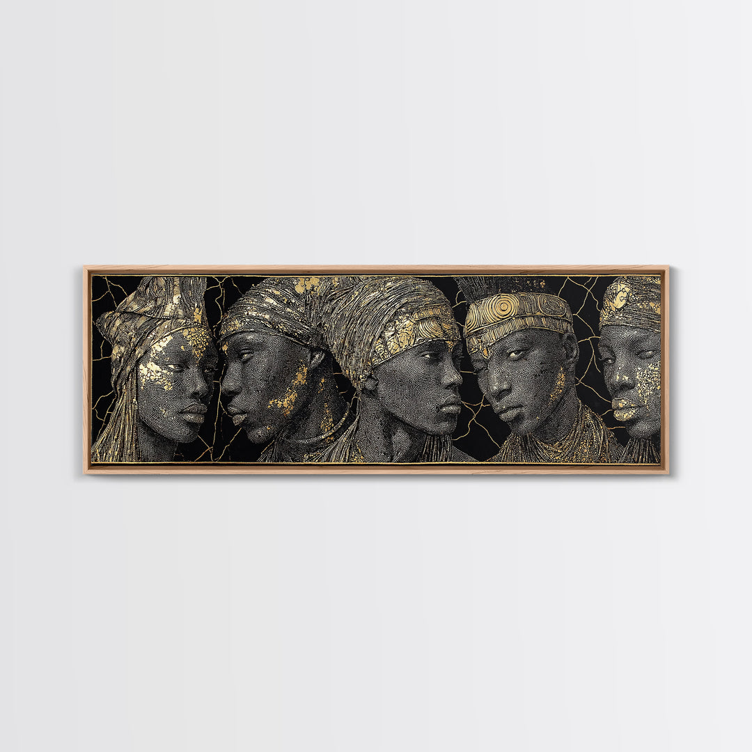 Gold Etched African Elder Profiles On Black Canvas Print, Elegant Tribal Portrait Wall Art, Luxury Afrocentric Home Decor