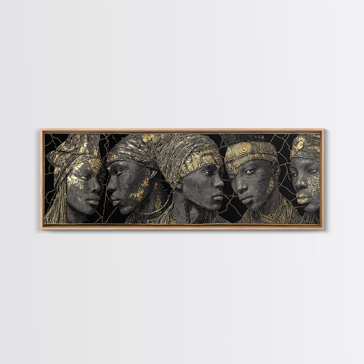 Gold Etched African Elder Profiles On Black Canvas Print, Elegant Tribal Portrait Wall Art, Luxury Afrocentric Home Decor