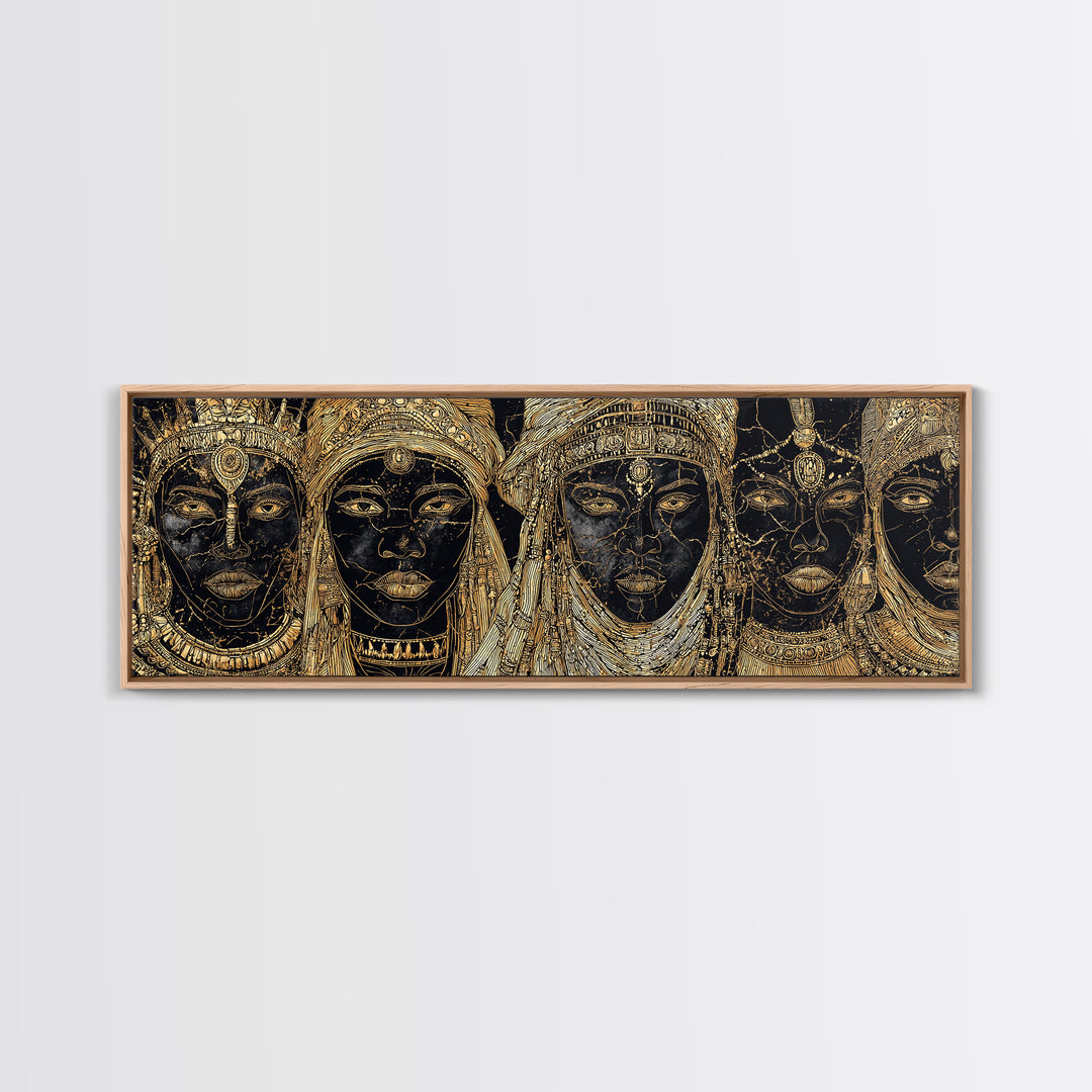 Regal Black And Gold African Queen Faces Framed Canvas Print, Goddess Portrait Wall Art, Luxury Afrocentric Home Decor Gift