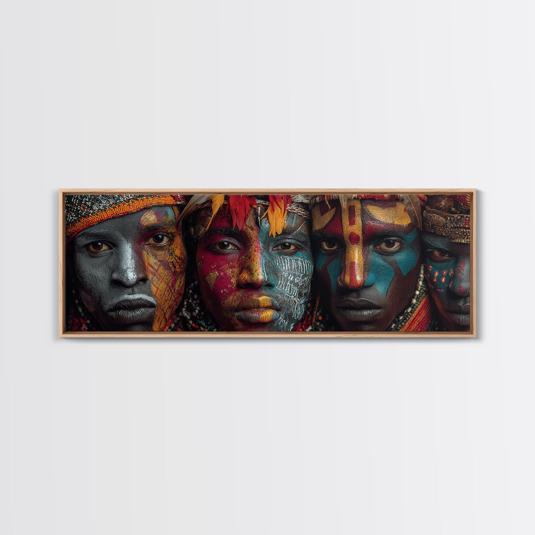 Intense Tribal Painted Faces With Feathers Wall Art, African Warrior Portrait Canvas Print, Bold Afrocentric Home Decor Gift