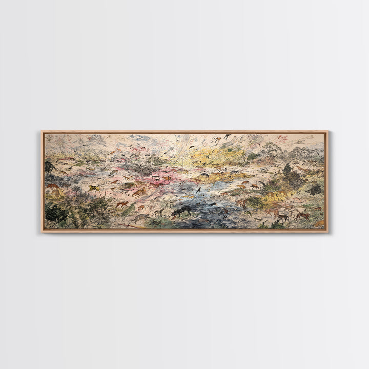 Abstract African Safari Landscape Canvas Print, Earth Tone Wildlife Migration Scene, Modern Home Decor For Living Room Wall