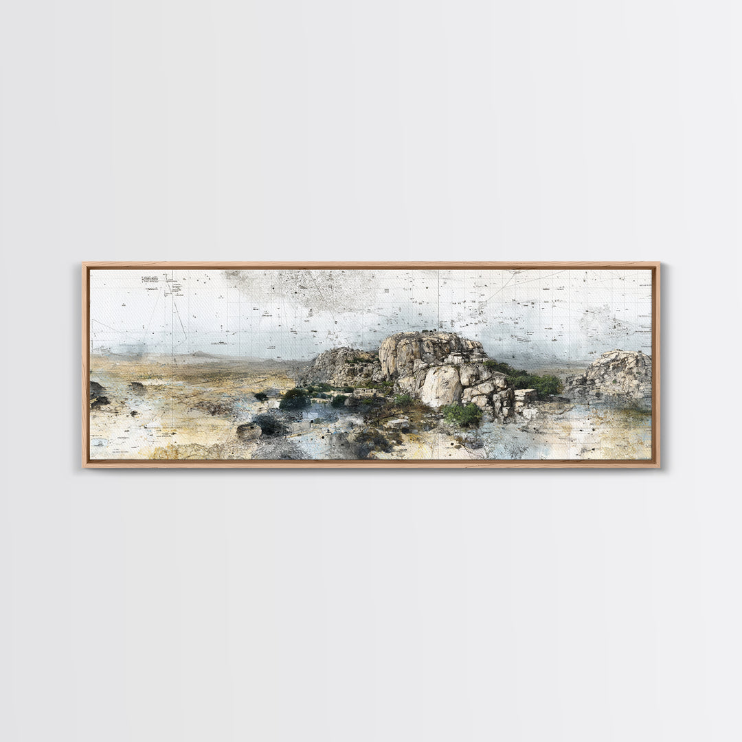 Rocky African Desert Landscape Wall Art, Vintage Map Texture, Neutral Safari Nature Scene, Modern Canvas Print For Office