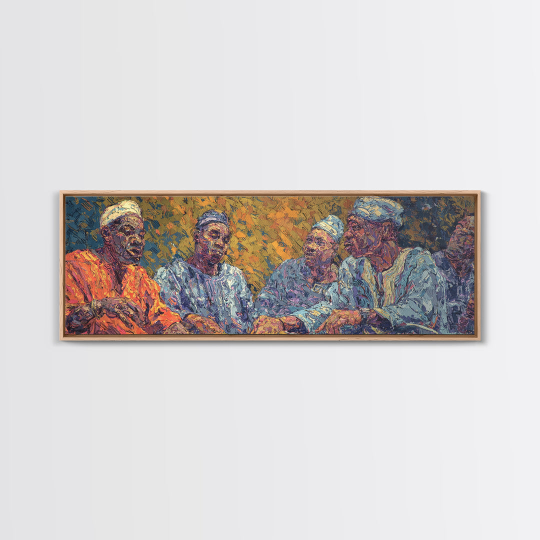 Elder African Men In Blue Robes Framed Canvas Print, Expressive Portrait Wall Decor, Cultural Painting, Afrocentric Art Gift