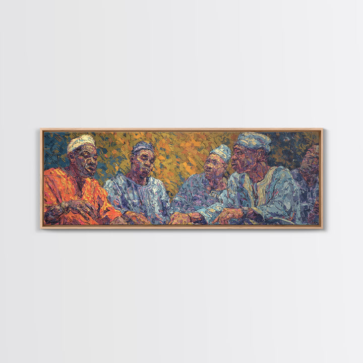 Elder African Men In Blue Robes Framed Canvas Print, Expressive Portrait Wall Decor, Cultural Painting, Afrocentric Art Gift