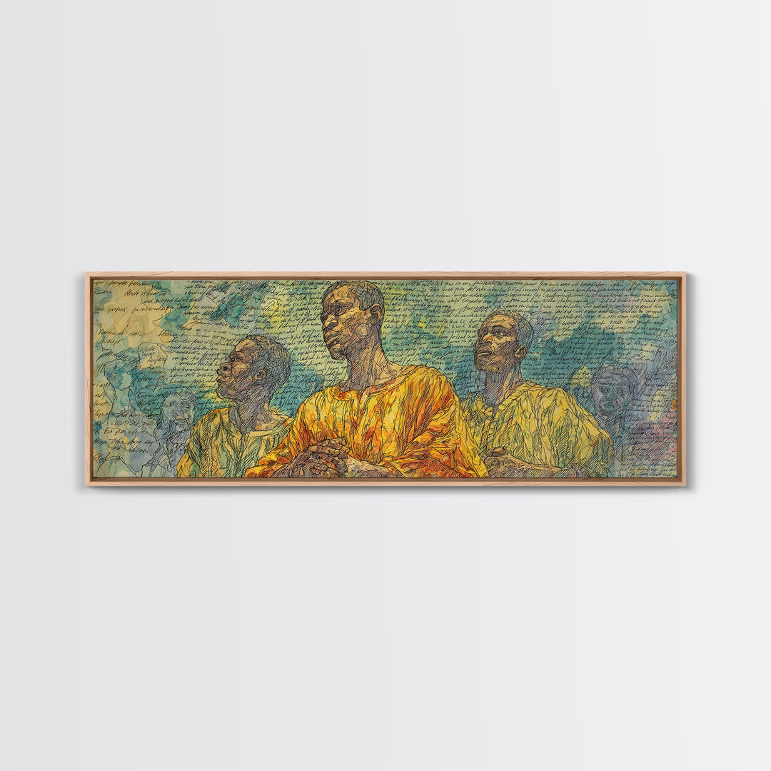Three African Men Portrait Wall Art, Handwritten Script Texture, Yellow Blue Cultural Decor, Modern Afrocentric Canvas Print